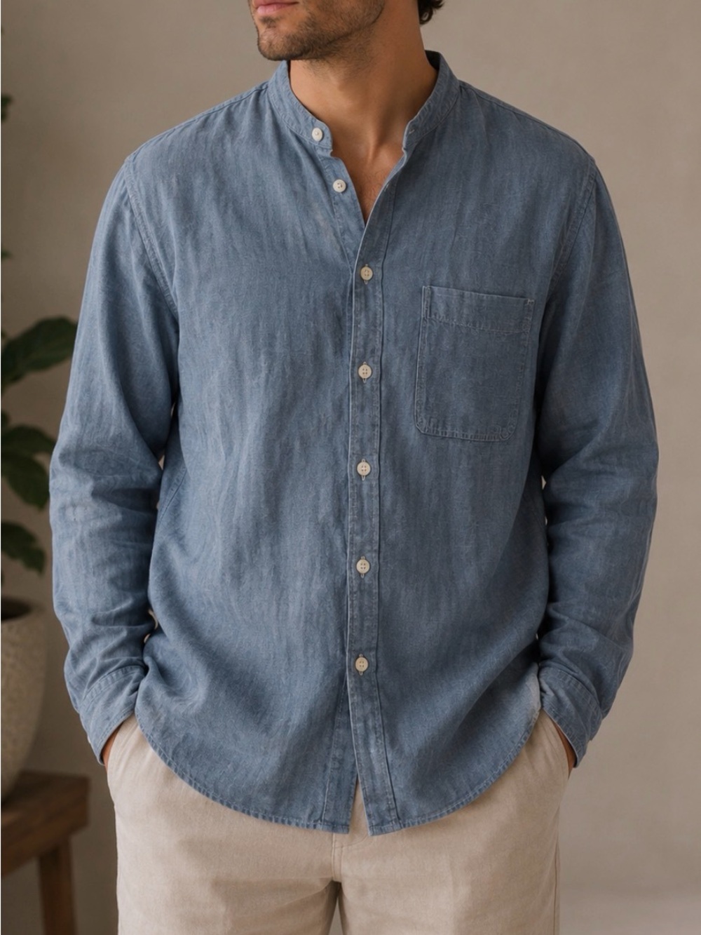 Uniqlo Chambray Blue Mandarin Collar Button-Down Shirt
